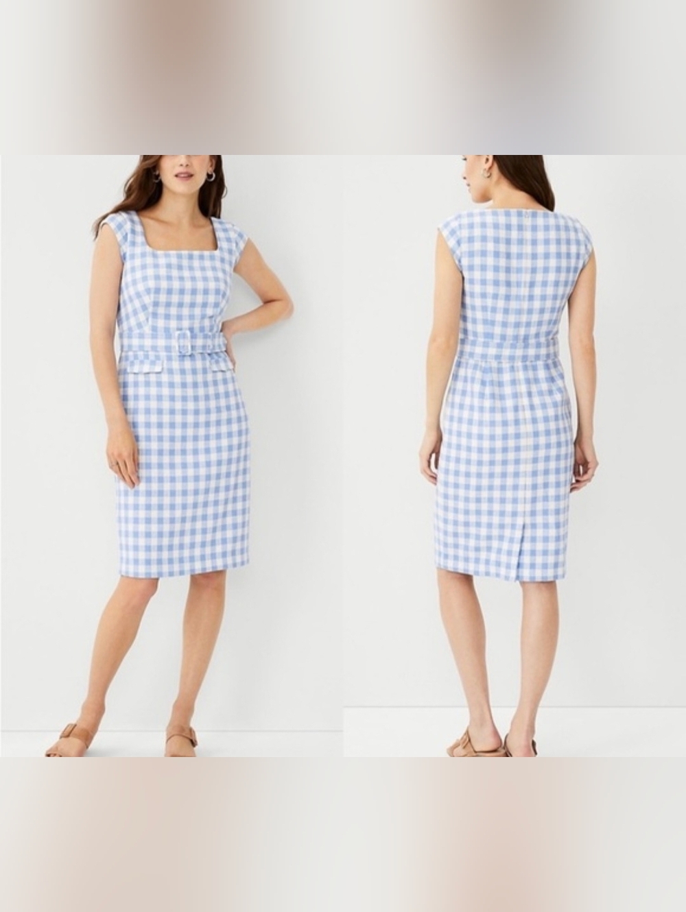 Ann Taylor Gingham Belted Sheath Dress  Retro Styled Lined Zip Back Cap Slv 10T